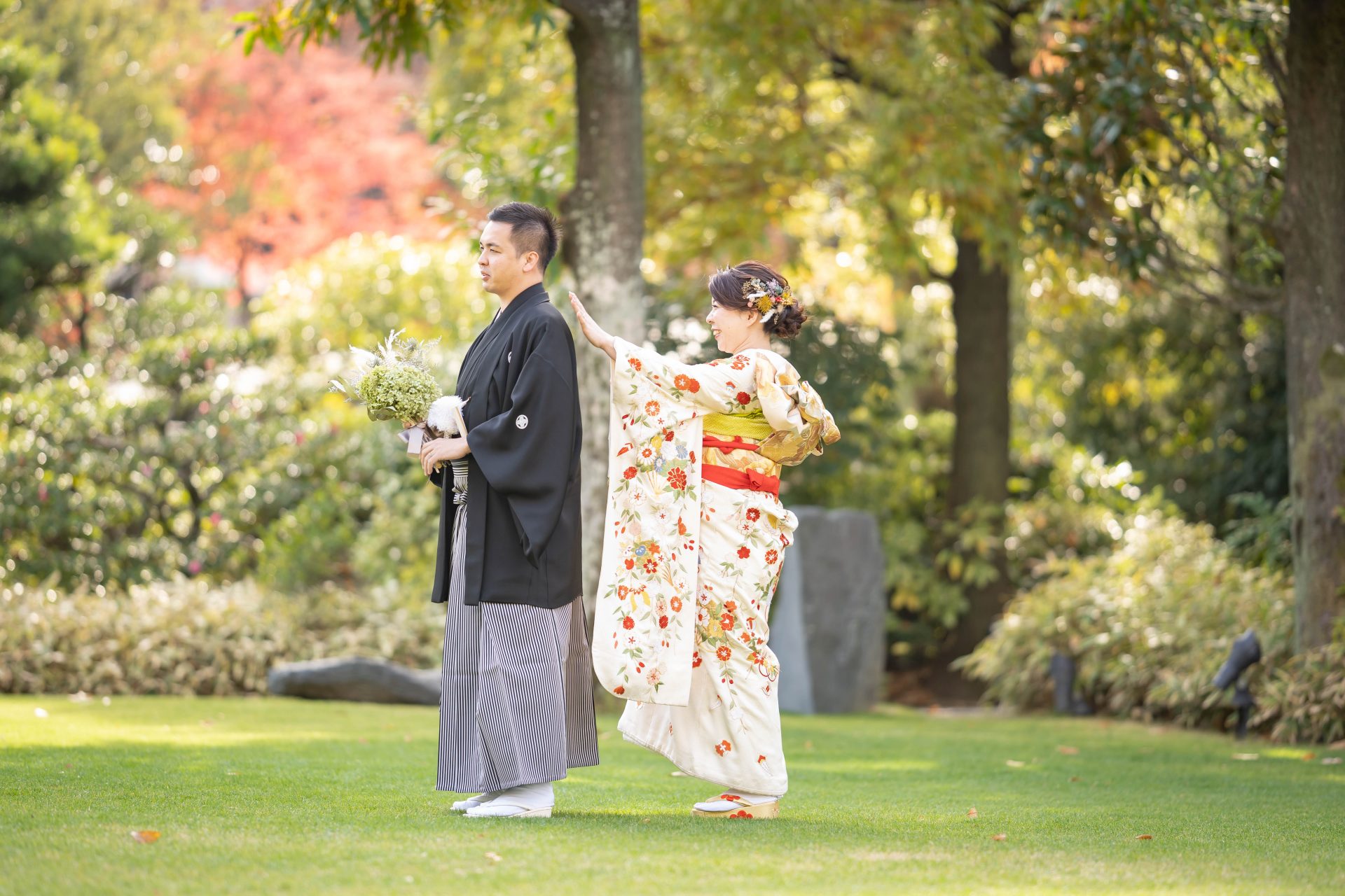 ザ・ガーデンオリエンタルオオサカの前撮りで和装をお召になった新郎新婦様