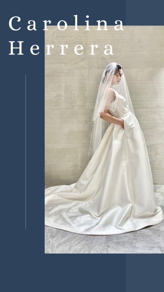 伝統的で、クラシカルなAラインのウェディングドレス。ミカドシルクを贅沢に使用し、たっぷりと広がるトレーンがドラマティックな1着。