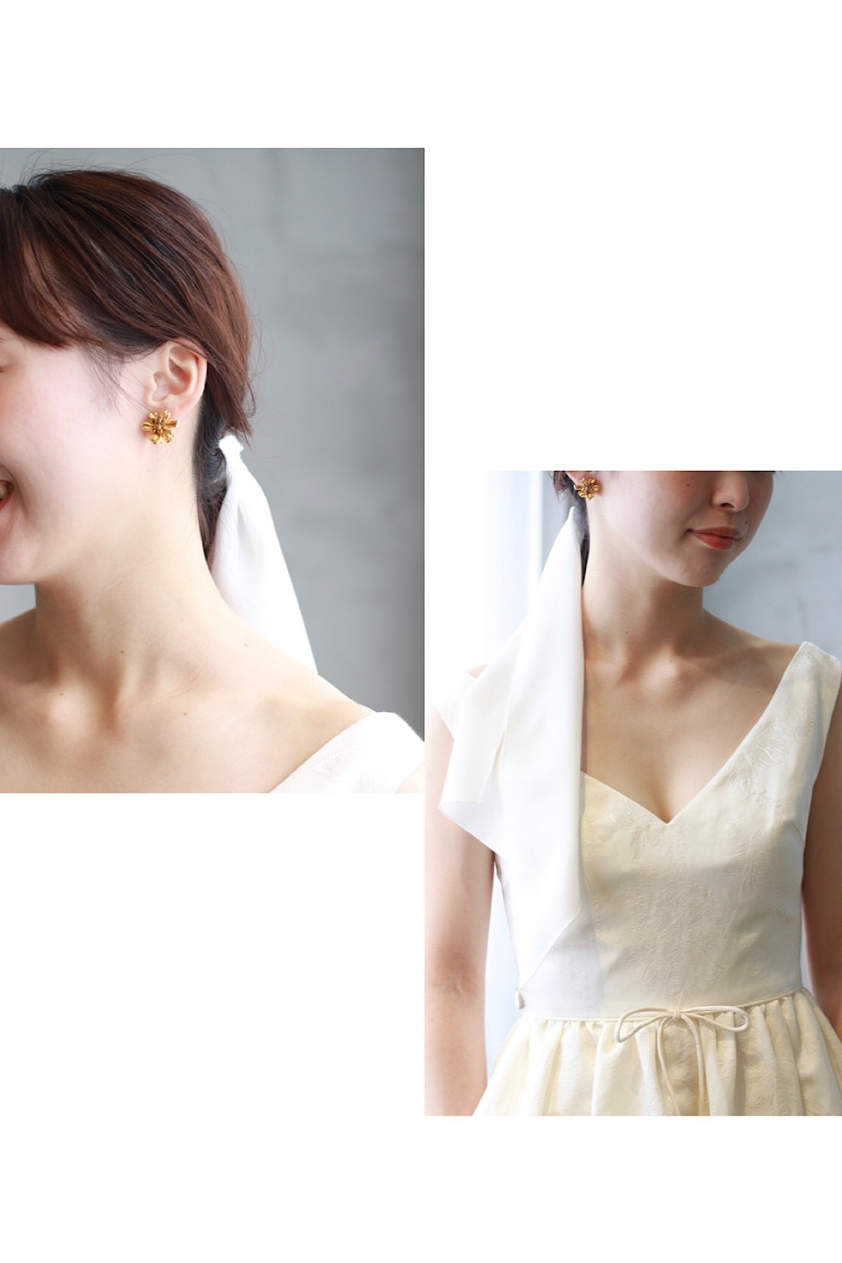 オスカーデラレンタのゴールドが温か実のある小ぶりのフラワーモチーフのイヤリングにマットなクレープ素材のスカーフがアットホームなコーディネート