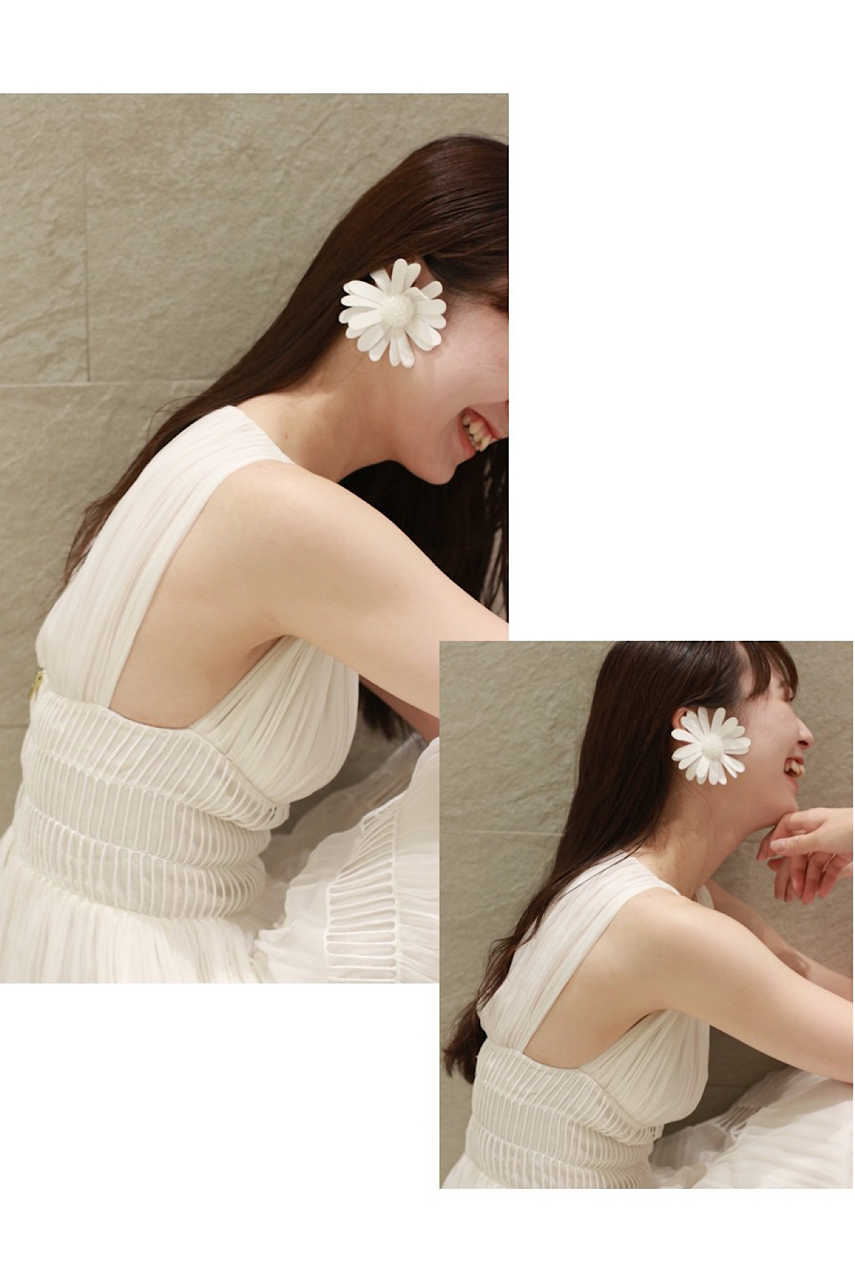 THETREATDRESSINGでお取り扱いのあるビクターアンドロルフのフラワーモチーフのイヤリングとプリーツと軽やかなシフォン素材がファッショナブルなウエディングドレスのコーディネートが花嫁の美しい表情や温かい空気感を引き立てます