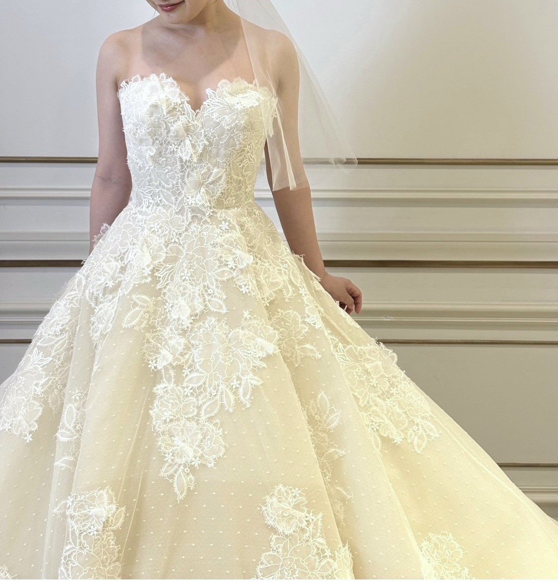 レースが美しいプリンセスラインのウェディングドレス